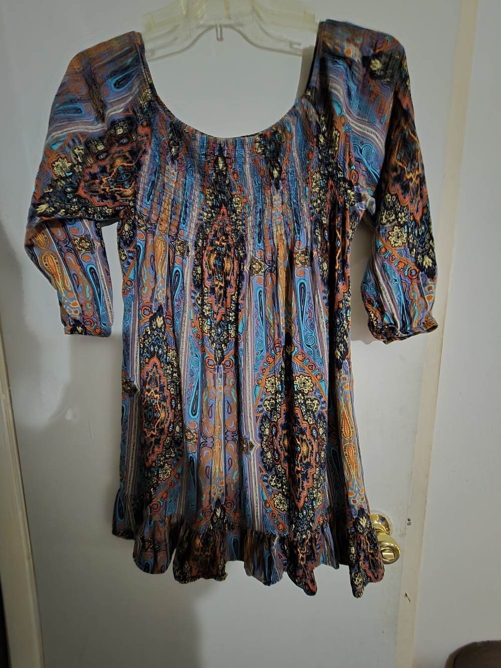 Band of Gypsies Blue and Orange Paisley Smocked Tunic, Or Mini Dress